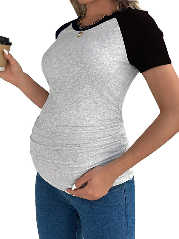 Black Colour Blocking Short Sleeve Daily Casual Going Out Maternity Top Tee