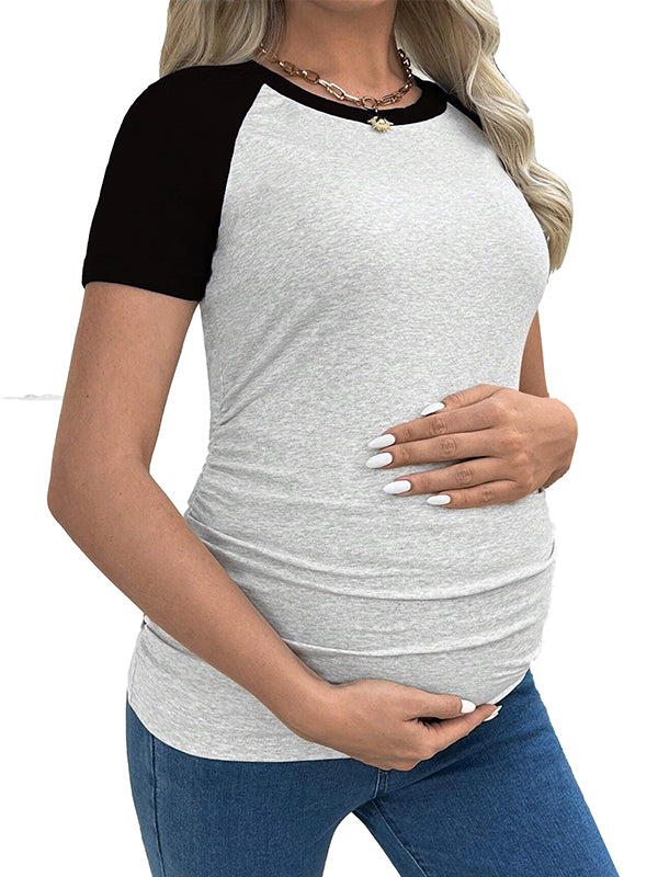 Black Colour Blocking Short Sleeve Daily Casual Going Out Maternity Top Tee