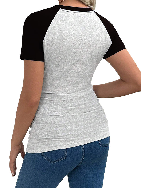 Black Colour Blocking Short Sleeve Daily Casual Going Out Maternity Top Tee
