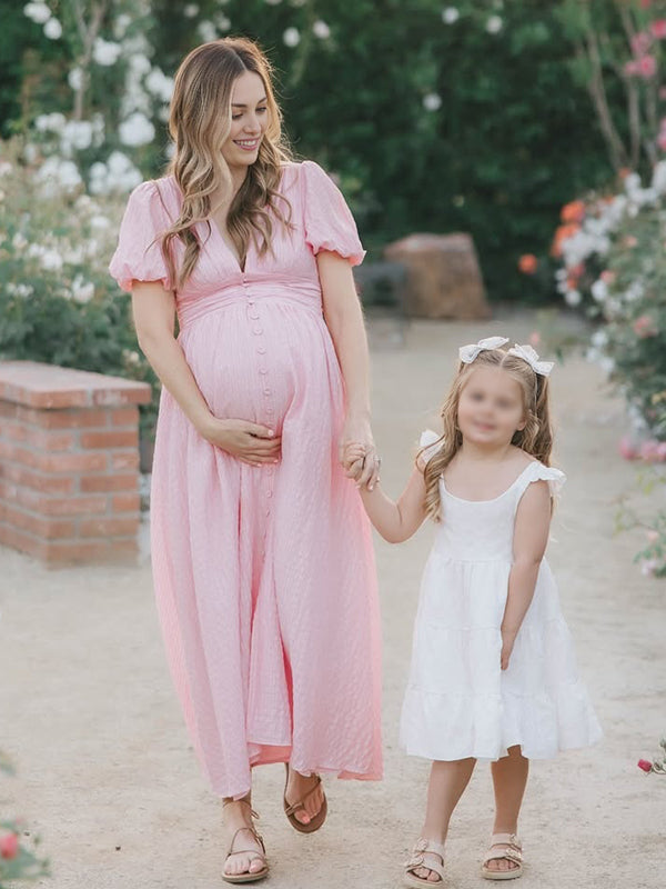 Single Breasted A-Line Slit Sweet Maternity Photoshoot Maxi Dress