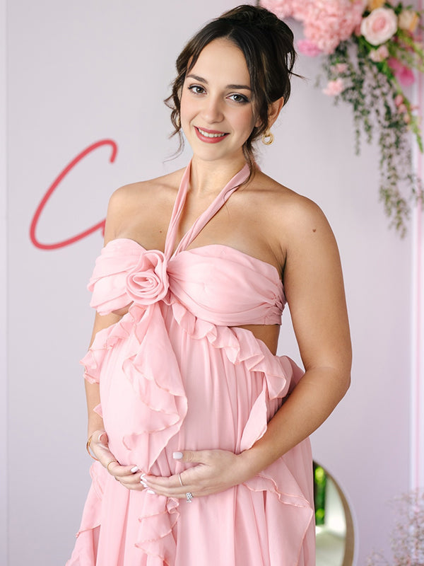 Pink Ruffle 3D Flower Cut Out Halter Neck Elegant Maternity Maxi Dress