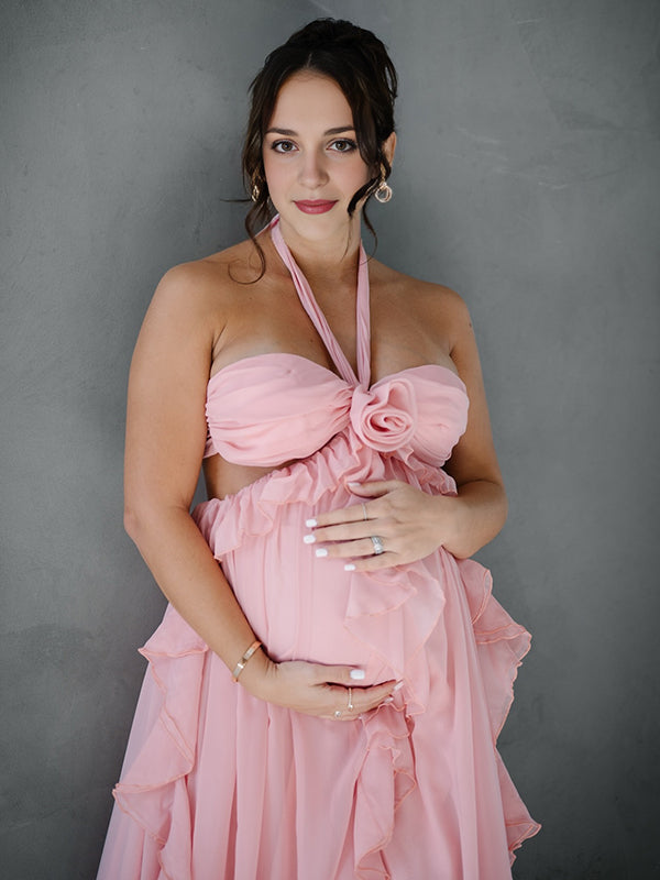 Pink Ruffle 3D Flower Cut Out Halter Neck Elegant Maternity Maxi Dress