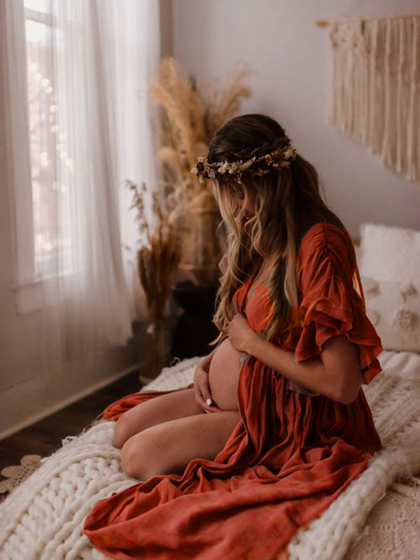 Red Drawstring Single Breasted Ruffle Tie Back Maternity Photoshoot Maxi Dress