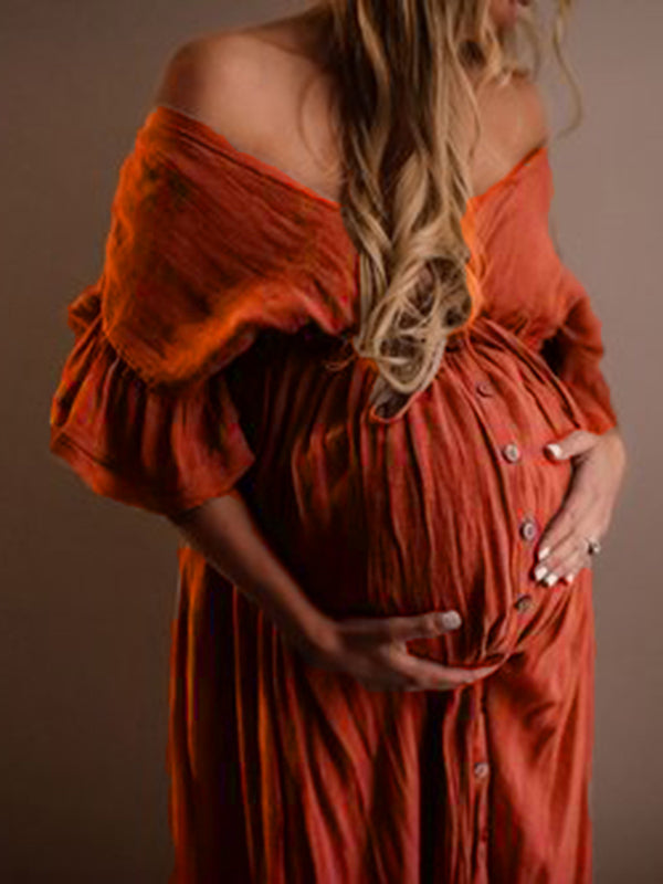 Red Drawstring Single Breasted Ruffle Tie Back Maternity Photoshoot Maxi Dress