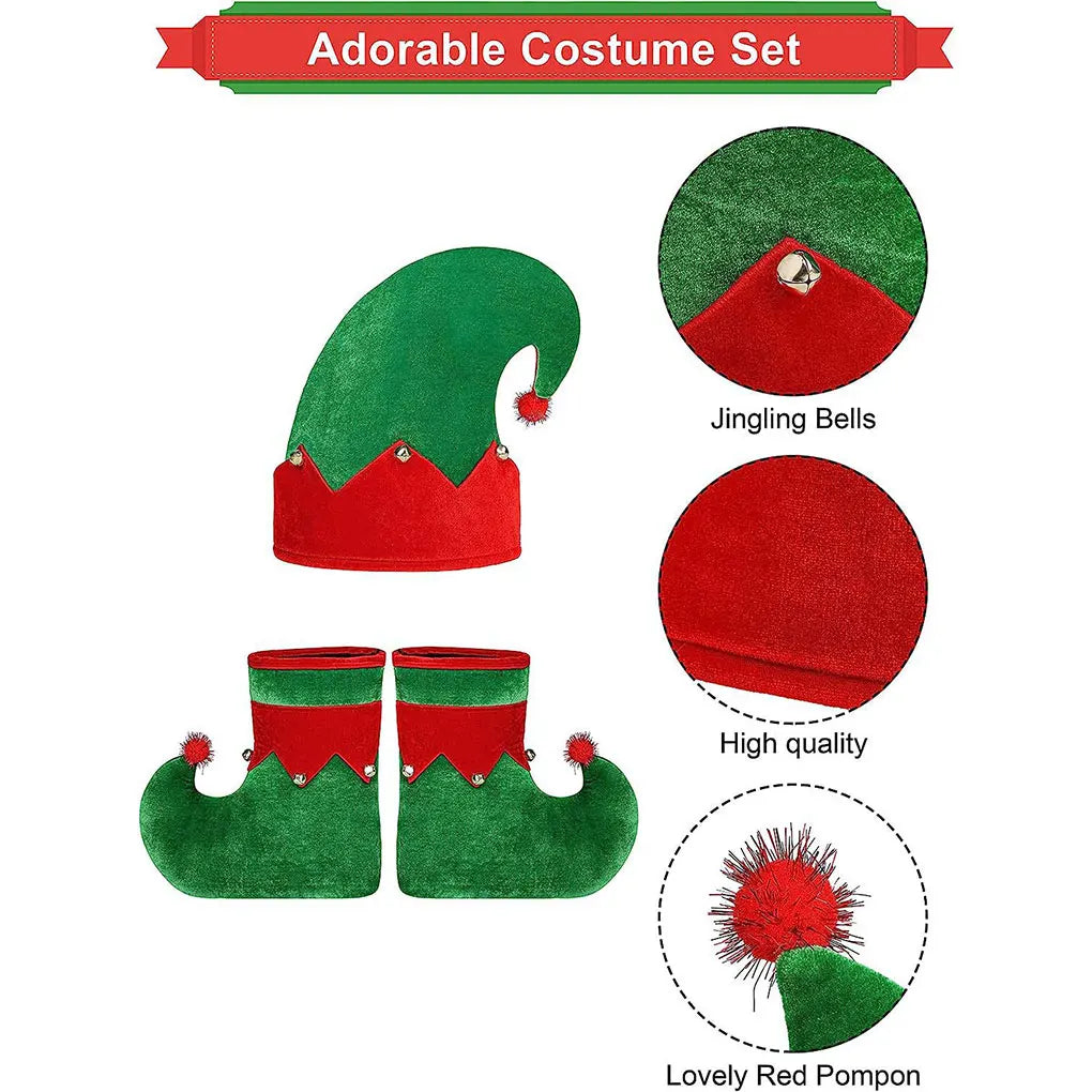 Christmas Santa Claus Costume Green Elf Cosplay Family Carnival Party Halloween Fancy Dress Clothes Set For Men Women Girls Boys