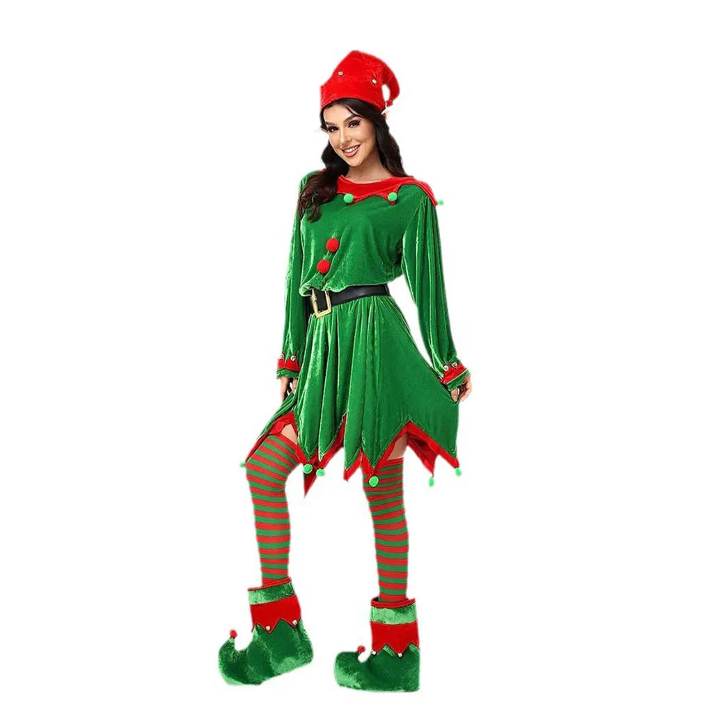 Christmas Santa Claus Costume Green Elf Cosplay Family Carnival Party Halloween Fancy Dress Clothes Set For Men Women Girls Boys