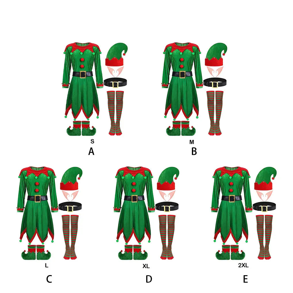 Christmas Santa Claus Costume Green Elf Cosplay Family Carnival Party Halloween Fancy Dress Clothes Set For Men Women Girls Boys