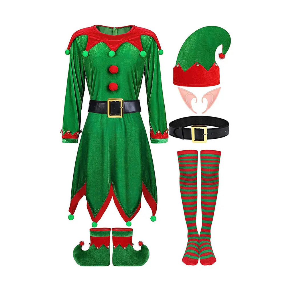 Christmas Santa Claus Costume Green Elf Cosplay Family Carnival Party Halloween Fancy Dress Clothes Set For Men Women Girls Boys
