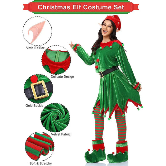 Christmas Santa Claus Costume Green Elf Cosplay Family Carnival Party Halloween Fancy Dress Clothes Set For Men Women Girls Boys