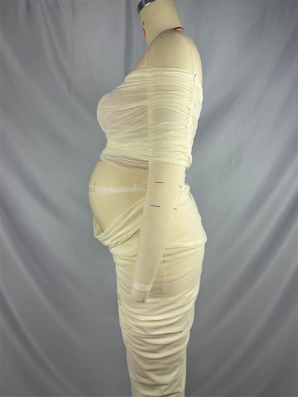 2-in-1 One Shoulder Side Slit Grenadine Sheer Photoshoot Maternity Maxi Dress