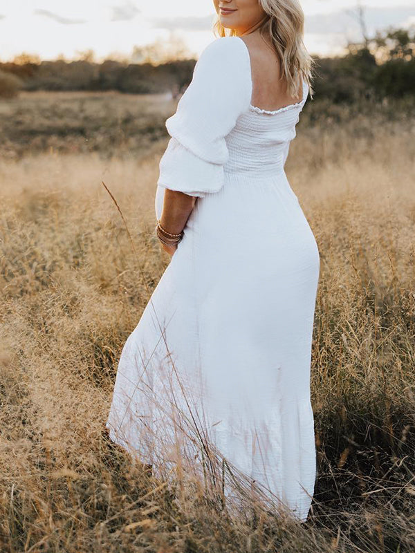White Ruffle Ruched High Waist Puff Sleeve Cute Photoshoot Maternity Maxi Dress