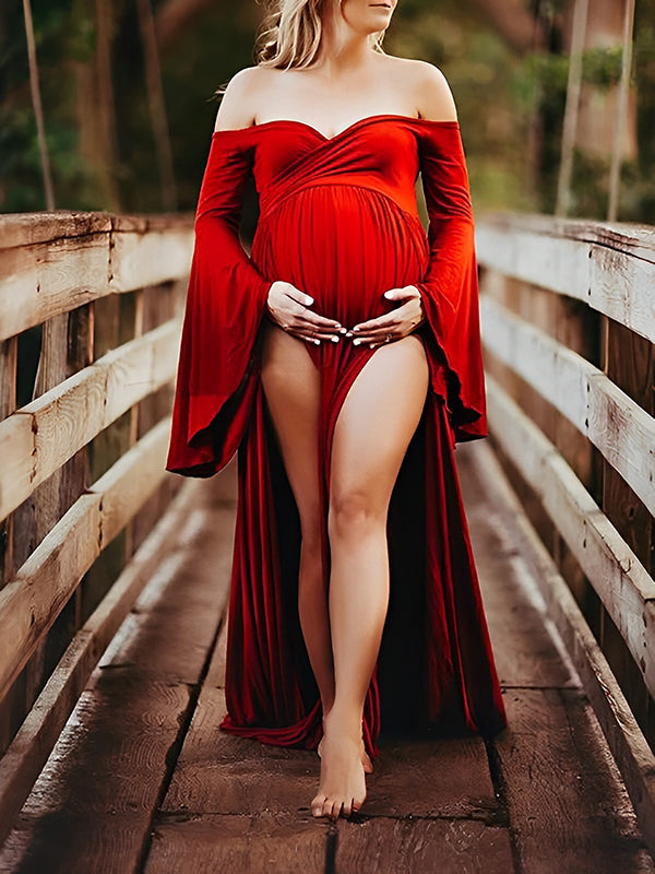 Solid Off Shoulder V-neck Slit Flare Sleeve Party Long Train Gown Maternity Photoshoot Maxi Dress