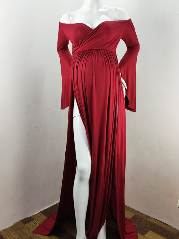 Solid Off Shoulder V-neck Slit Flare Sleeve Party Long Train Gown Maternity Photoshoot Maxi Dress