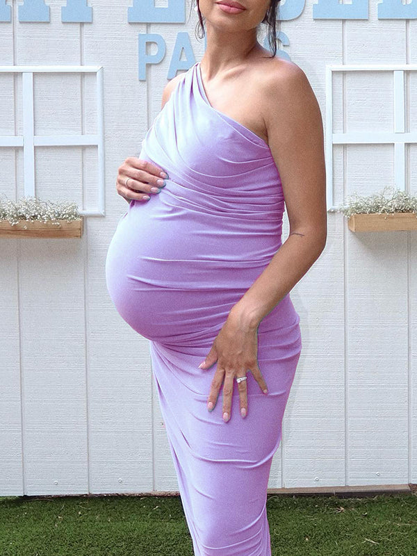 Lavender One Shoulder Ruched Shirred Bodycon Baby Shower Maternity Midi Dress
