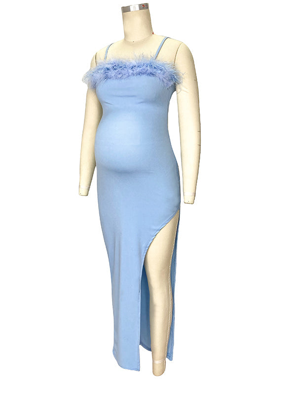 Spaghetti Strap Off Shoulder Feather Splicing Side Slit Bodycon Party Maternity Maxi Dress