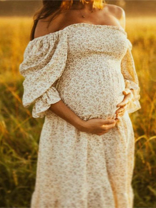 White Ruffle Ruched High Waist Puff Sleeve Cute Photoshoot Maternity Maxi Dress