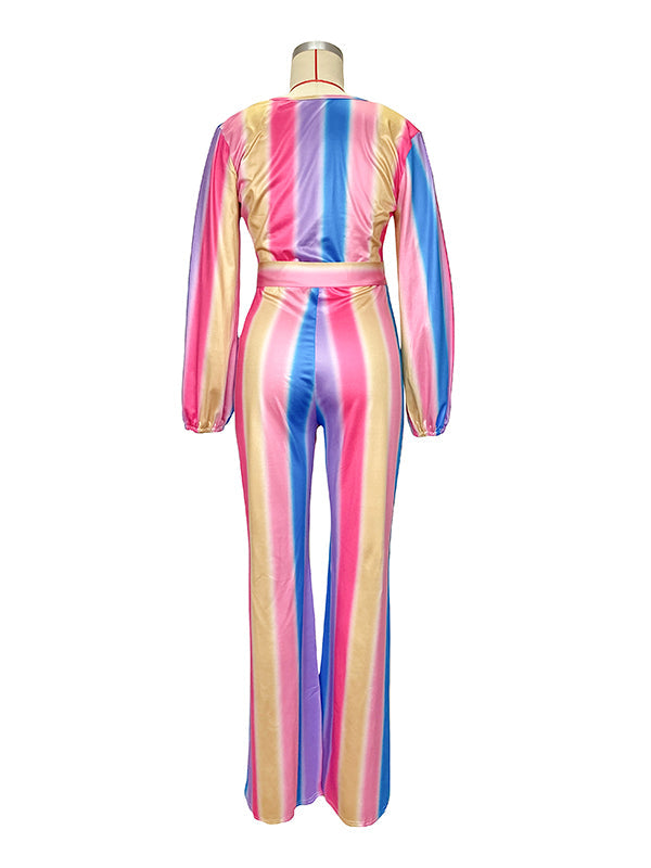 Pink-Blue Rainbow Striped Tie Dye Gender Reveal High Waisted Babyshwower Pregnant Maternity Wide Leg Long Jumpsuit
