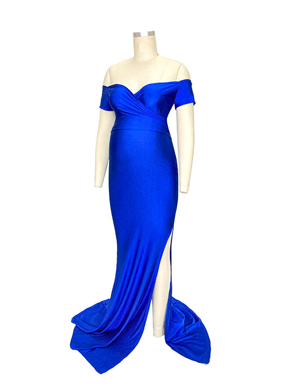Off Shoulder Short Sleeve V-Neck High Split Bodycon Solid Baby Shower Party Gown Maternity Maxi Dress