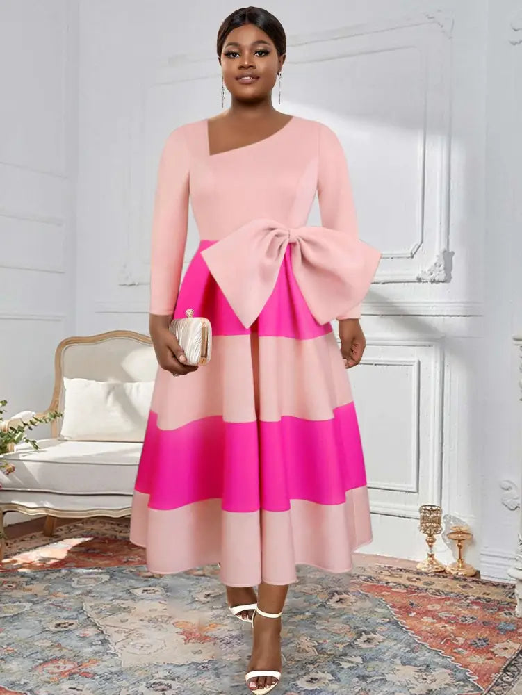 Asymmetrical Collar Pink Dress A Line Midi