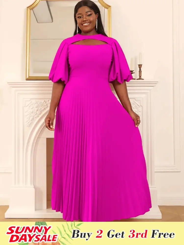 Lantern Sleeve Cut Out Pleated Dress Maxi