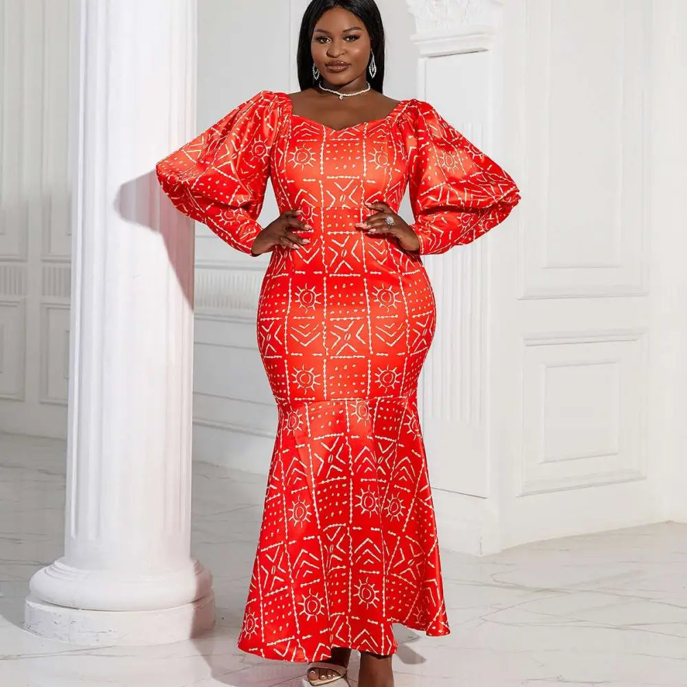 Lantern Sleeve Printed Mermaid Maxi Dress
