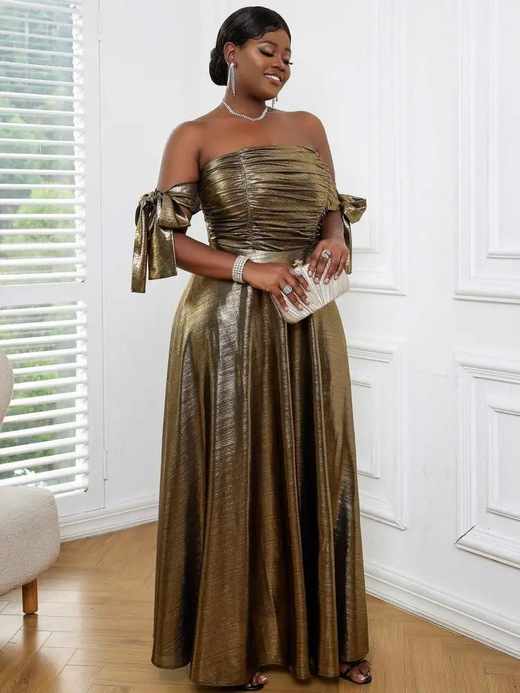 Off Shoulder Gold Maxi Dress
