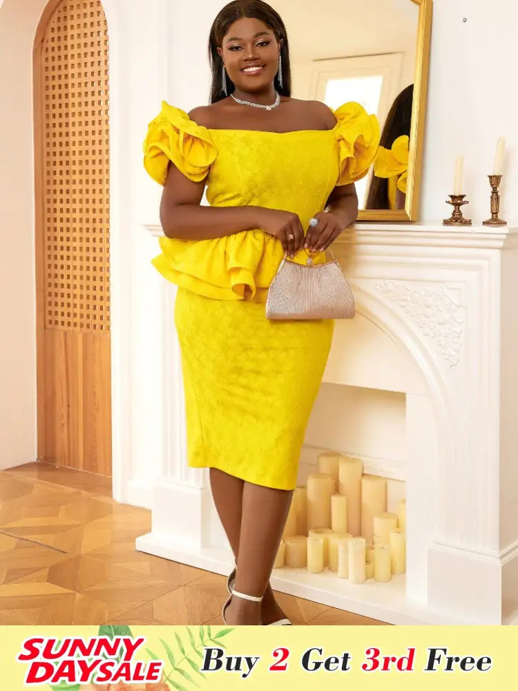 Off Shoulder Ruffles Patchwork Dresses Fashion Bodycon Lace Midi Yellow