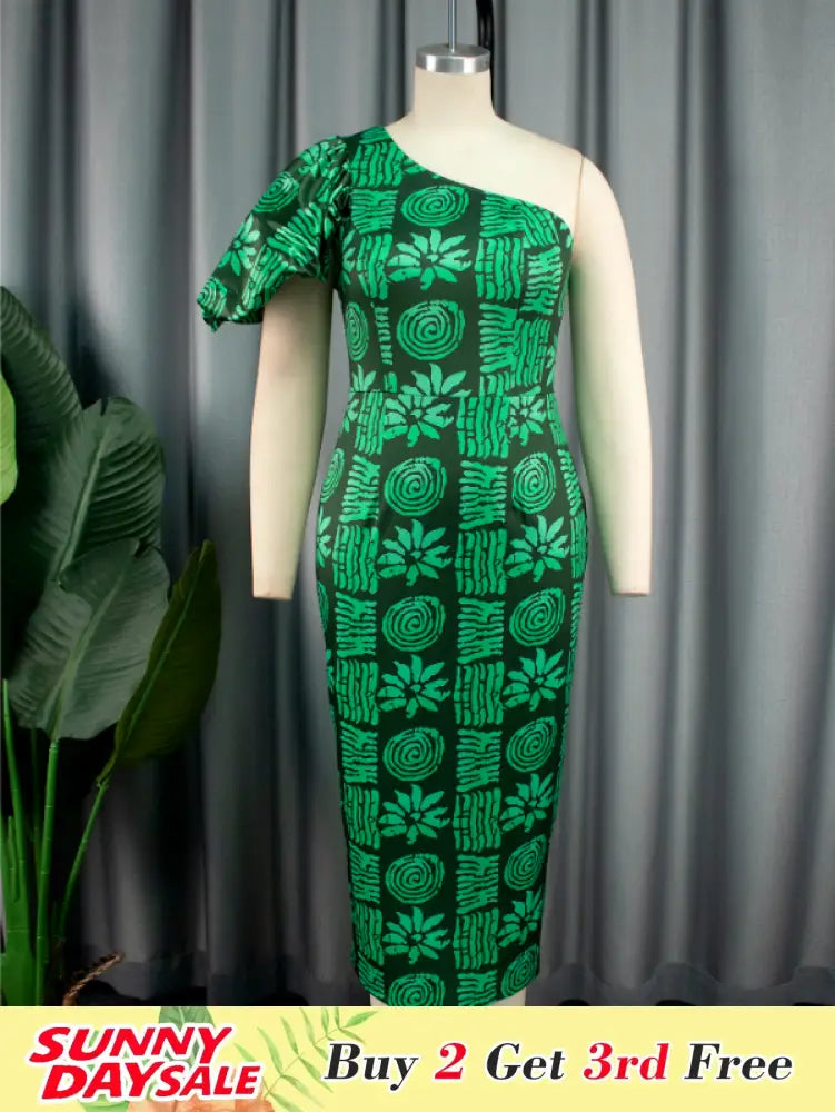 One Shoulder Green African Printed Dresses Midi