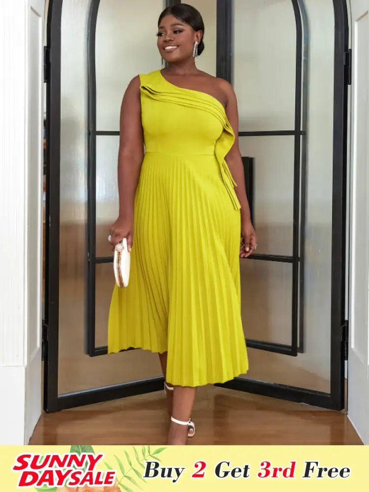 One Shoulder Light Green Pleated Dresses Midi