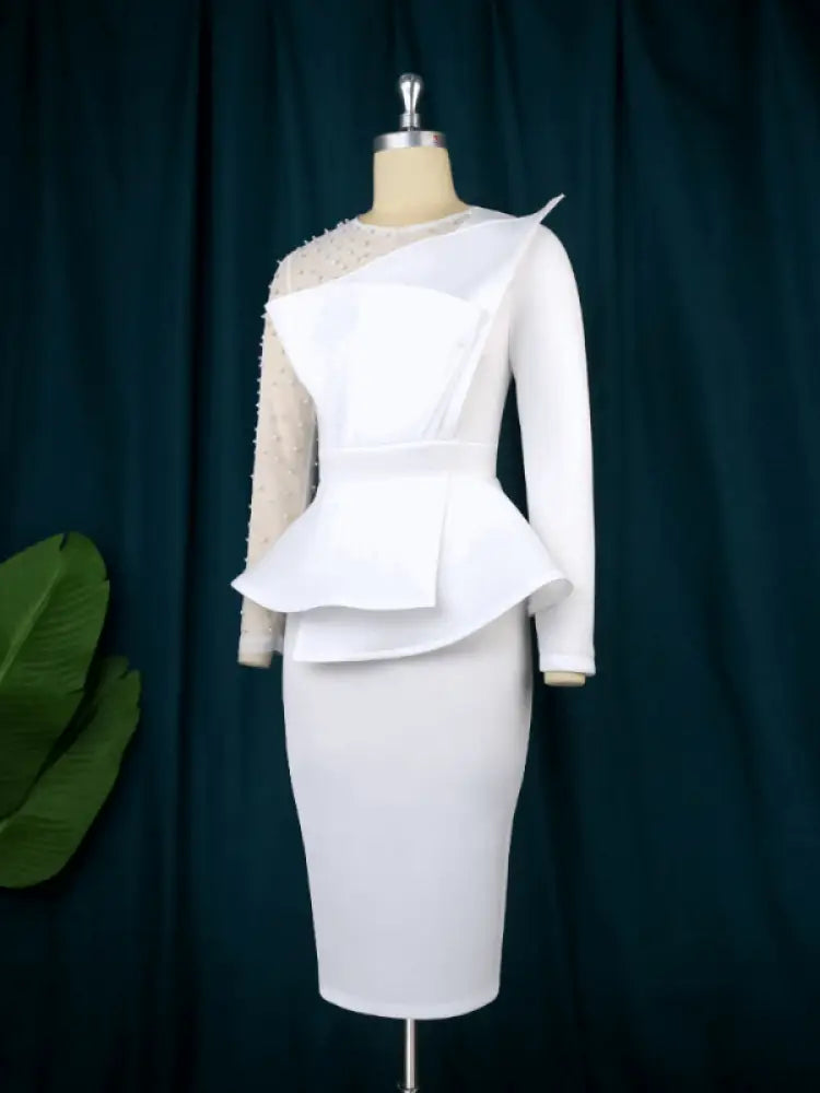 Women Beading Mesh Patchwork Party Dress Midi