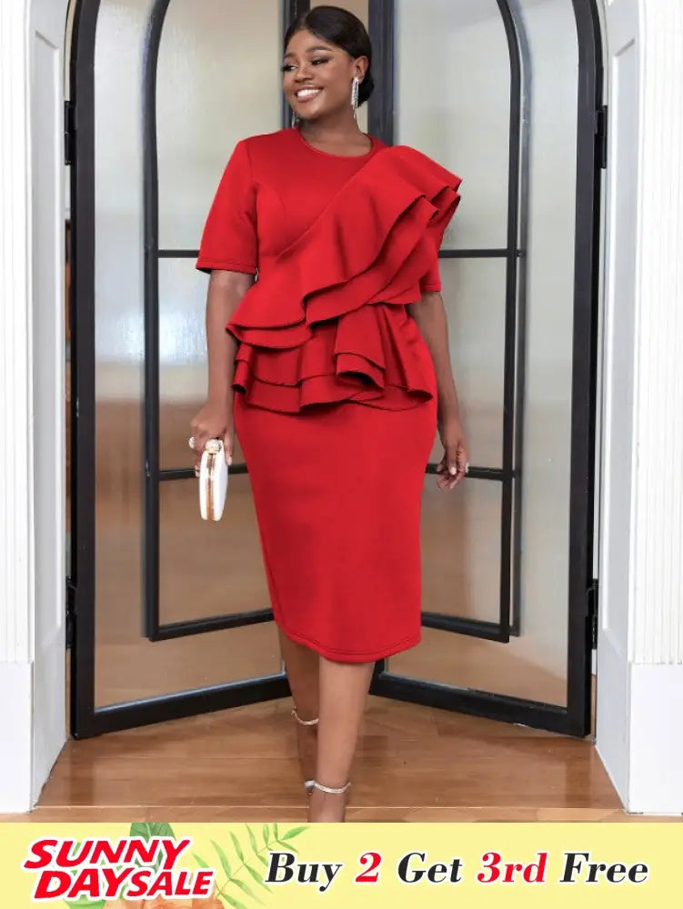 Women Ruffles Peplum Dress O Neck Midi
