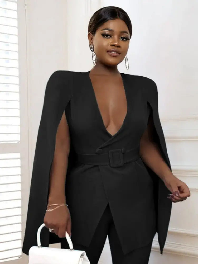 Women V Neck Cloak Sleeve Black Blazers with Waist Belt