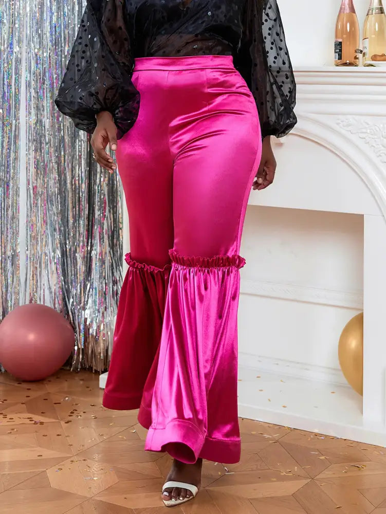 Women‘s Fuchsia Elastic Satin Flare Pants Shiny