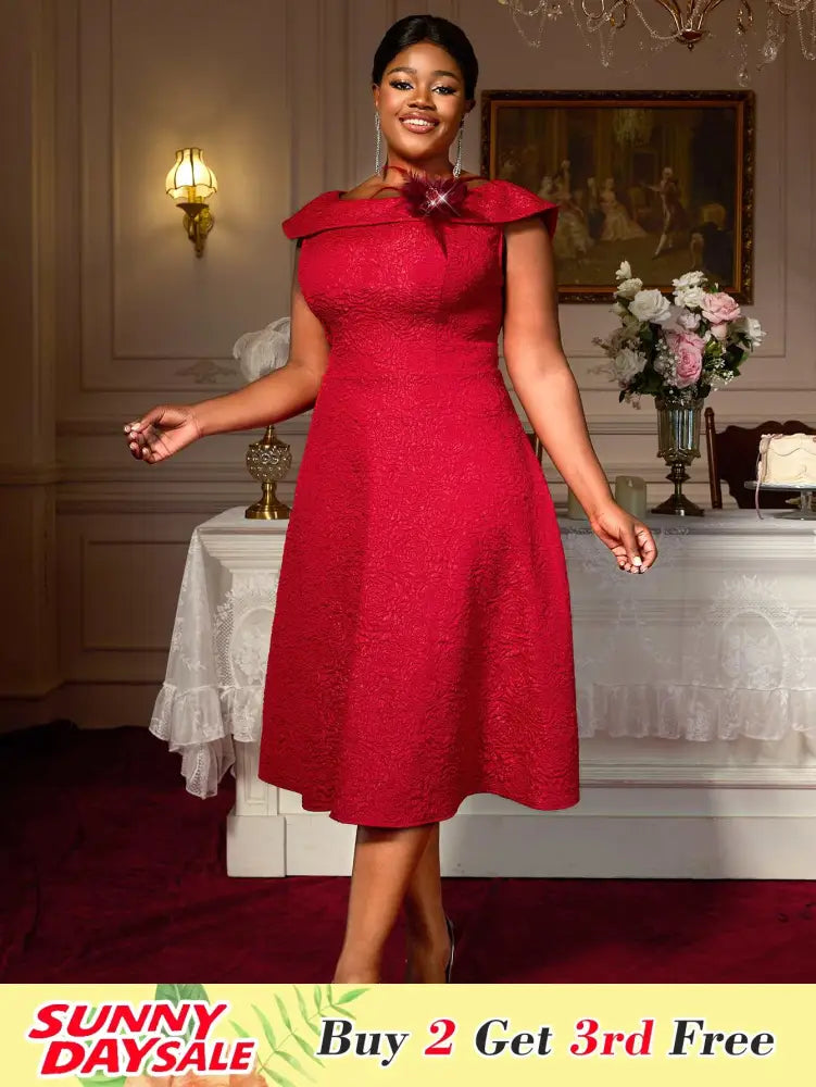 DRESS 50s Swing Dress Boat Neck A Line Plus Size Red Prom Dress