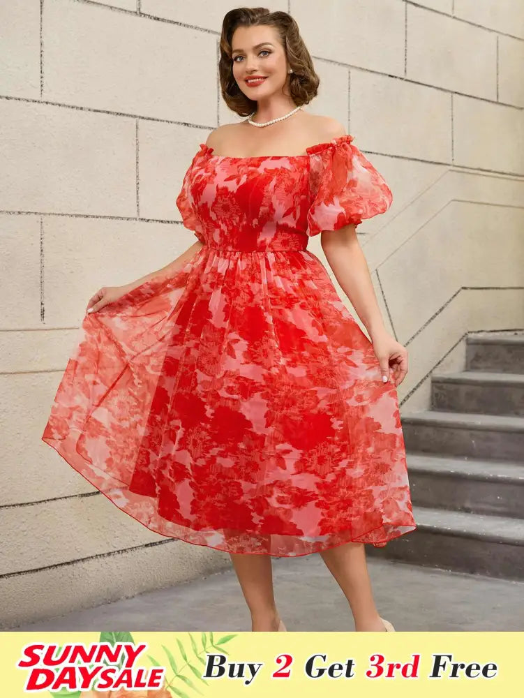 DRESS 50s Swing Dress Off Shoulder Puff Sleeve Floral A Line Birthday Outfits