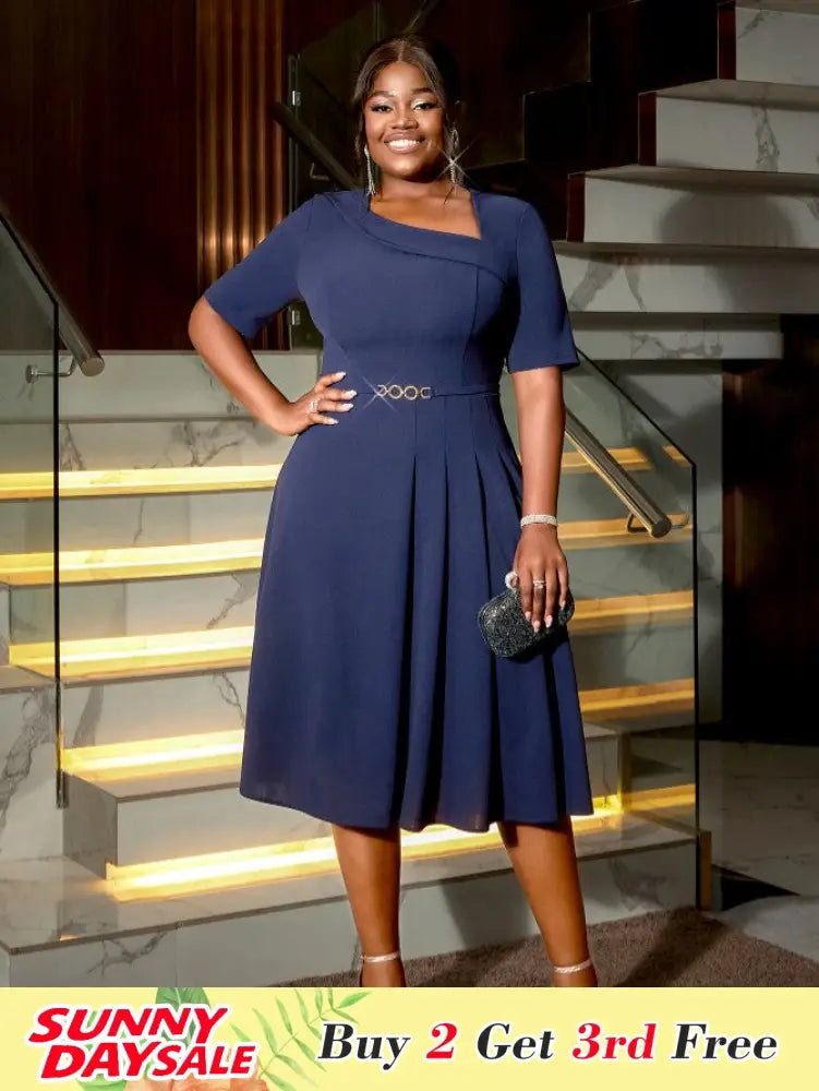 DRESS A Line Dress Navy Asymmetrical Neck Short Sleeve Pleated