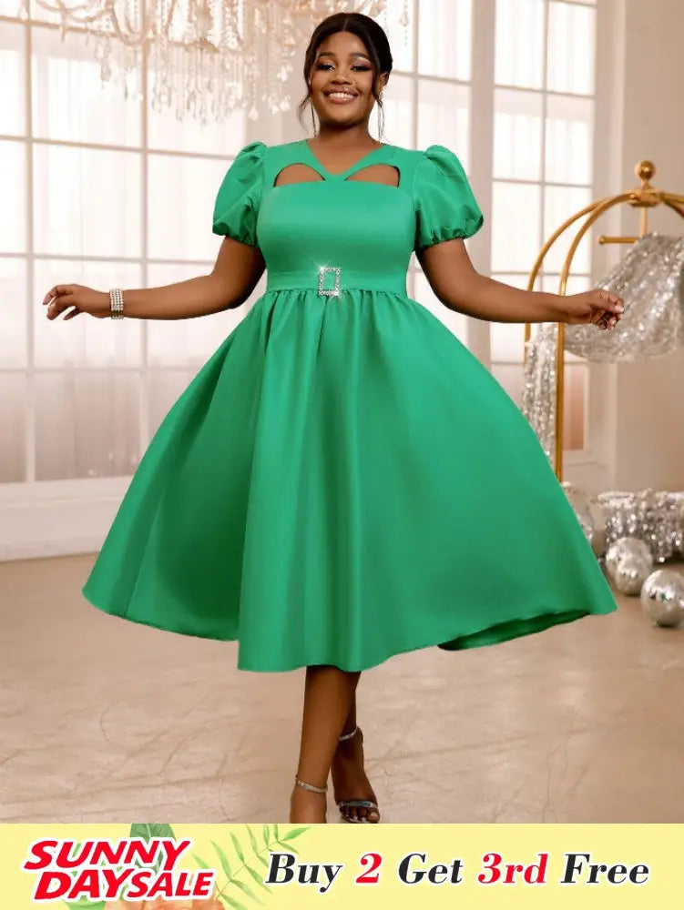 DRESS A Line Dress Short Sleeves Cut Out Chest Diamond Buckle