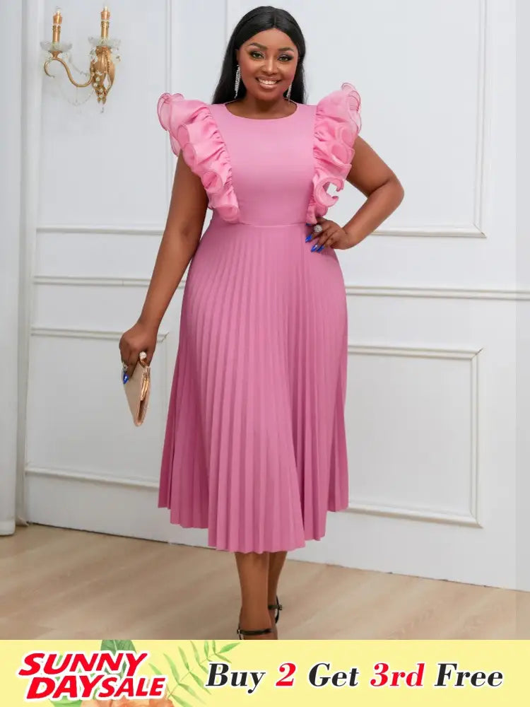 DRESS A Line Ruffles Pleated Bodycon Dress for Women Pink