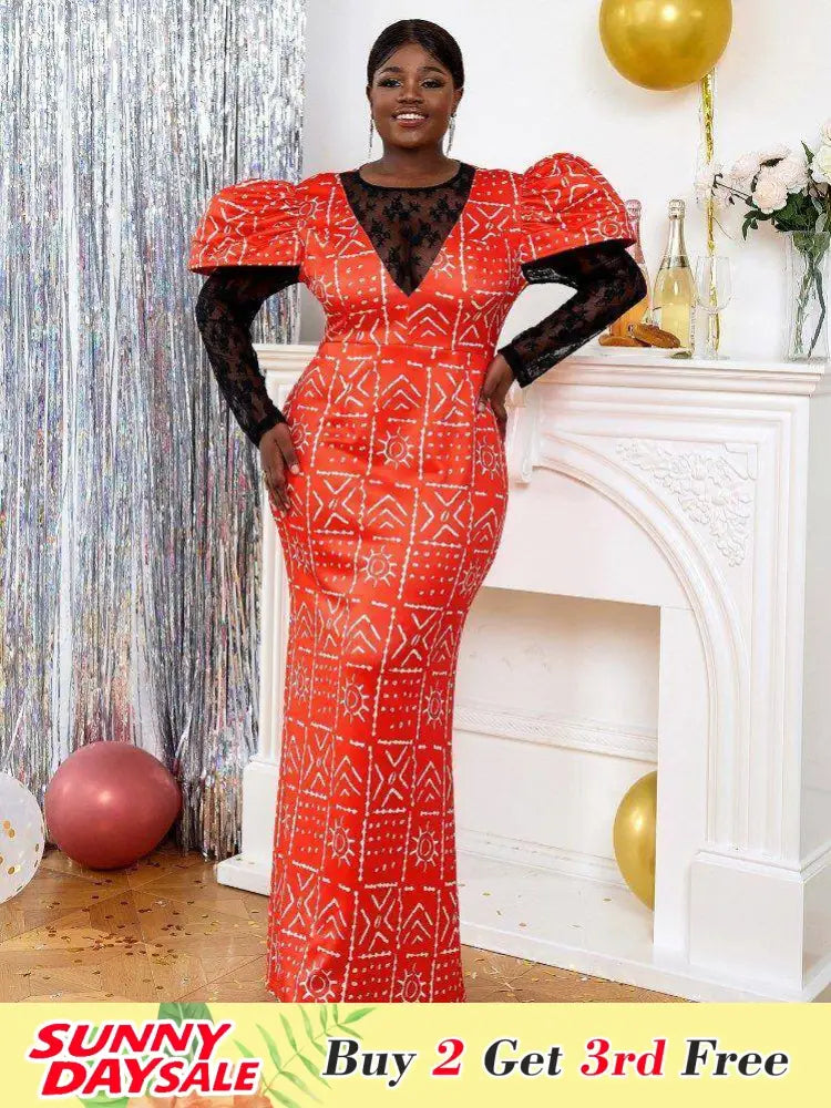 DRESS African Print Tea Party Dress Lace Patchwork Long Sleeve