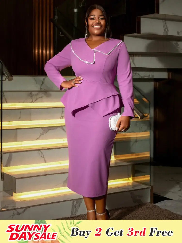 DRESS Asymmetric Split V Neck Dress Beaded Long Sleeve Ruffles
