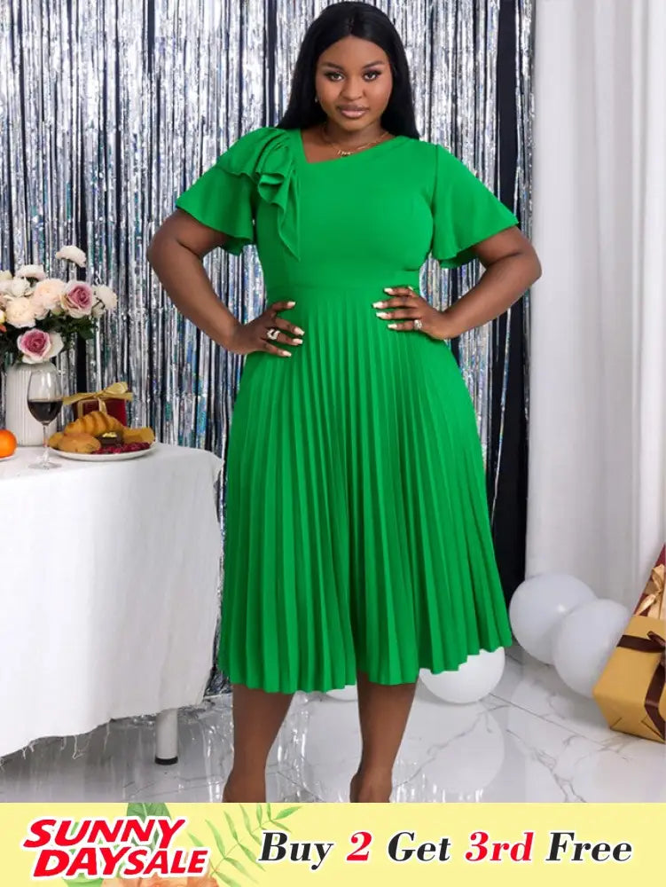 DRESS Asymmetrical Neck Ruffles Short Sleeve Pleated Dress