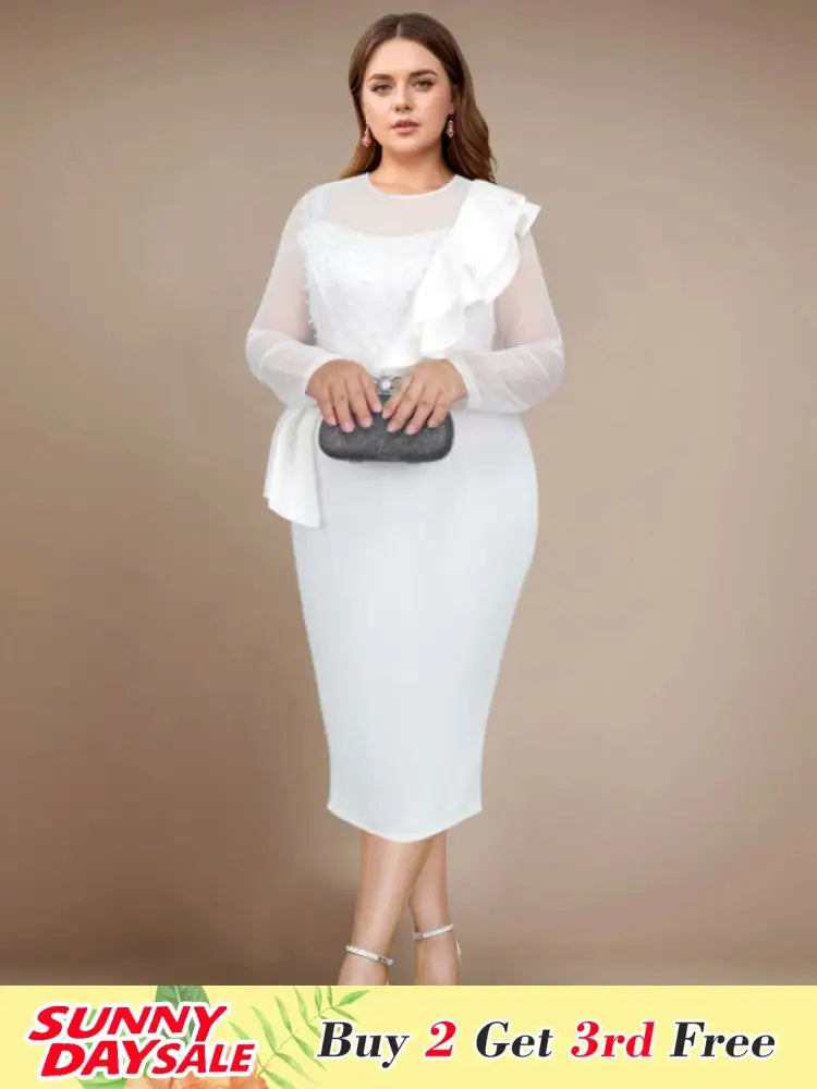 DRESS Beaded Sheath Dress Ruffles O Neck Sheer Mesh Long Sleeves