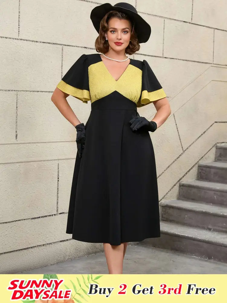 Black Ruffle Sleeve A Line Dress with Gold Patchwork Fabric