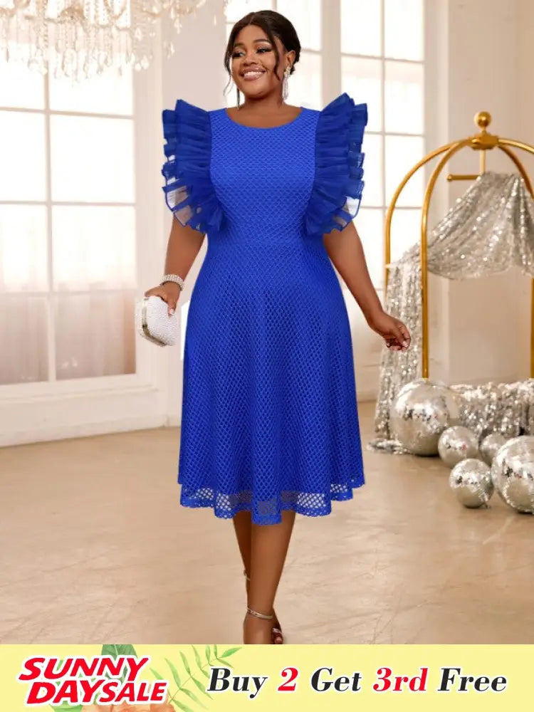 Blue Mesh Party Dress O Neck Ruffles Fish Net A Line