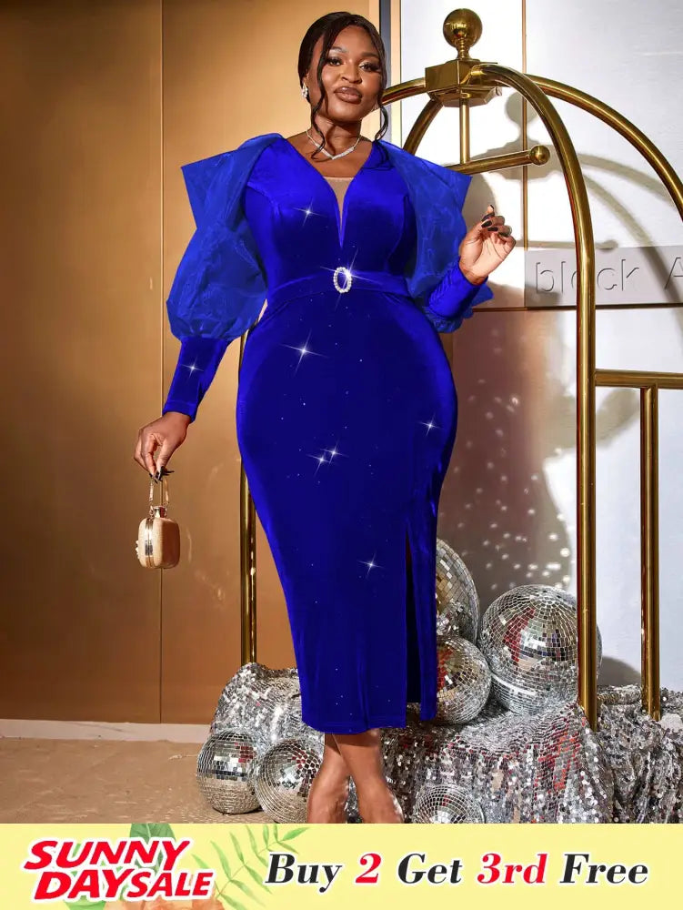 Blue Velvet Glitter Christmas Dress V Neck Lantern Sleeves
