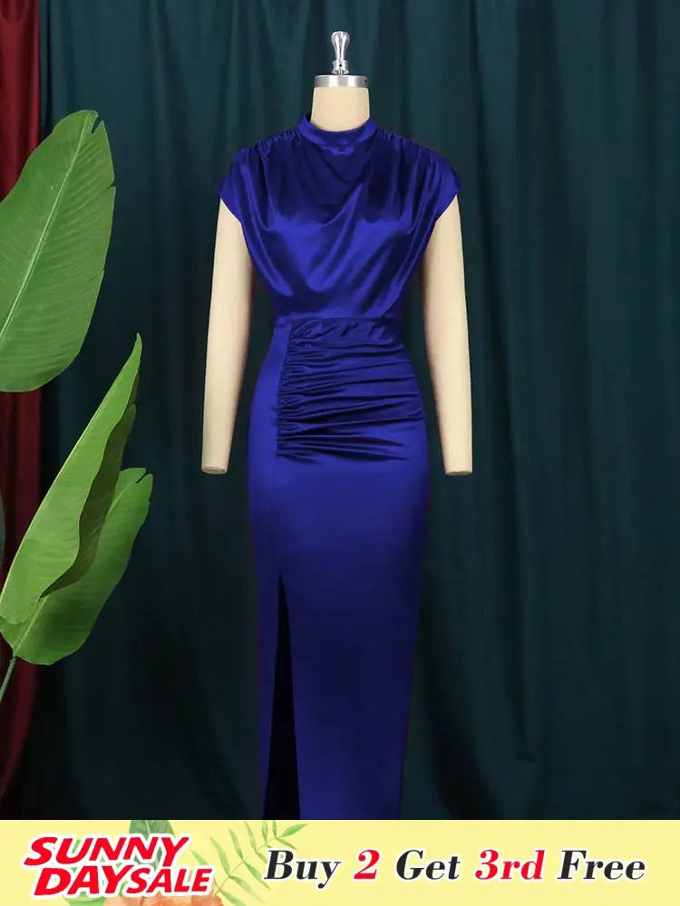 Bodycon Long Dress Women Ruched Slit Cocktail Party Dresses