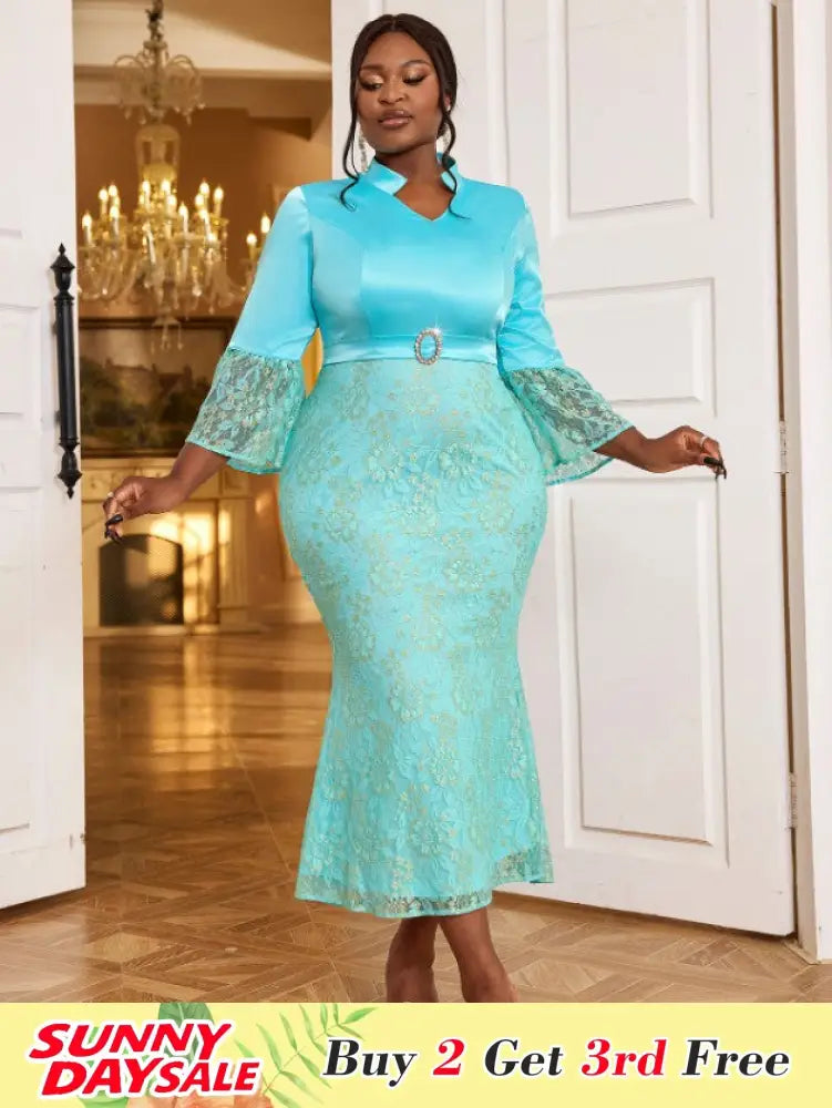 Bodycon Mermaid Dress V Neck Flare Sleeve Lace Patchwork