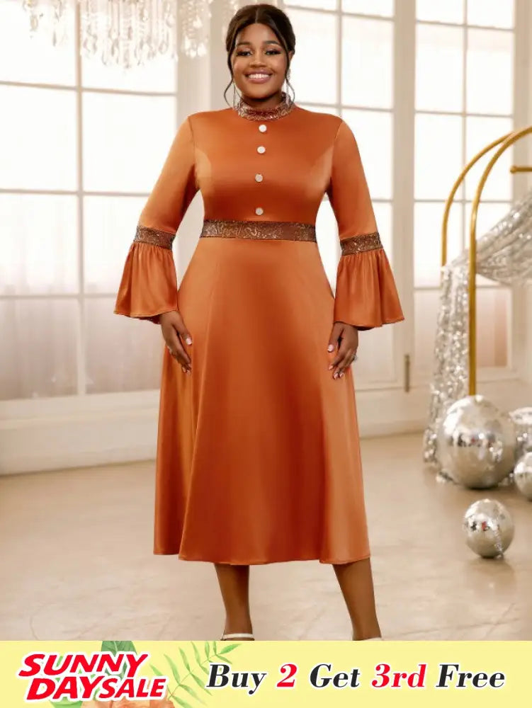 Brown Dress O Neck Flare Sleeve A Line Sparkly Patchwork