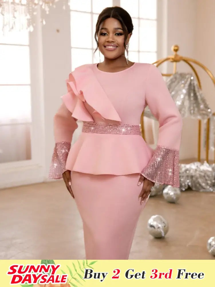 Church Dresses Ruffles Long Flare Sleeves Sequined Peplum