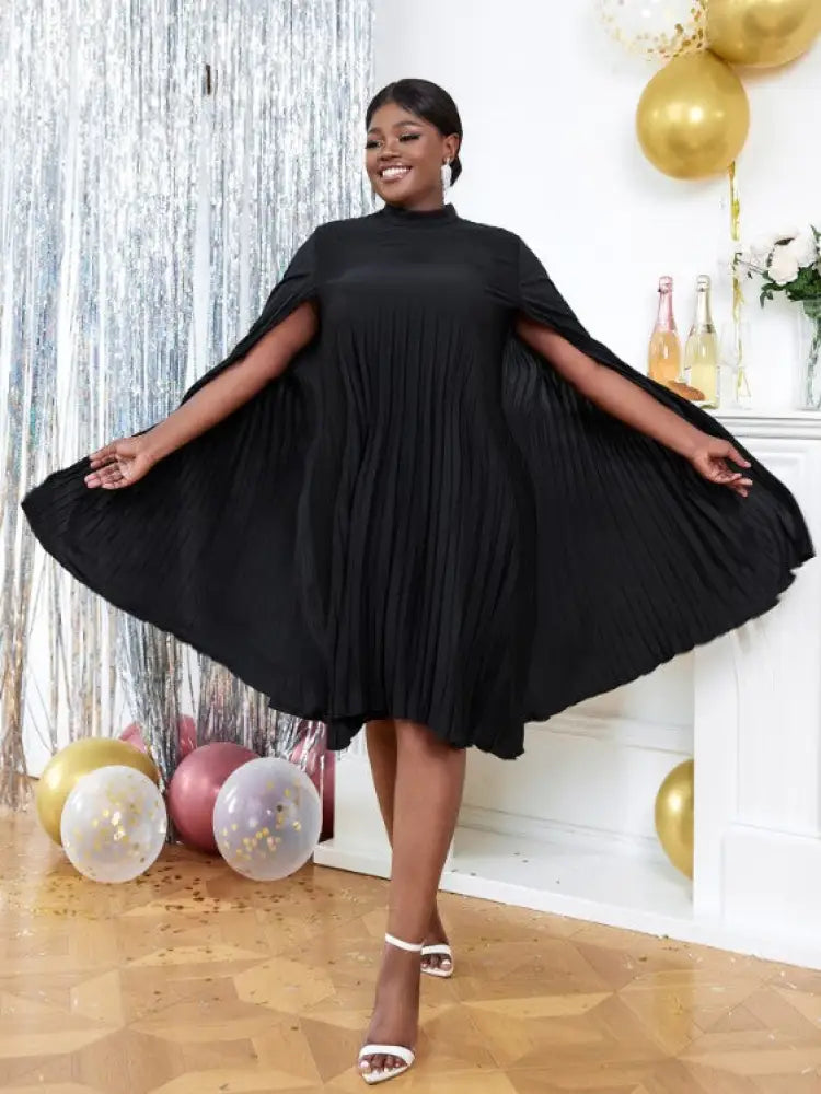 Cloak Sleeves Stand Collar Loose Pleated Party Dress